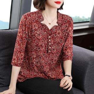 【Paiya 派亞】中年媽媽裝套頭碎花上衣翻領長袖襯衫(M-4XL)