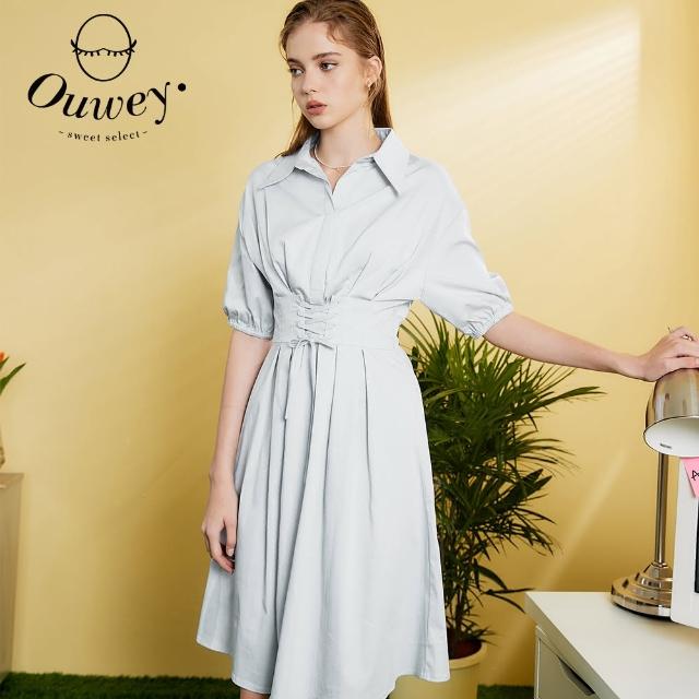 【OUWEY 歐薇】淑女交叉馬甲式綁帶公主袖洋裝3222397013(淺藍)