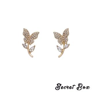 【SECRET BOX】韓國設計S925銀針華麗水鑽蝴蝶花朵造型耳環(S925銀針耳環 水鑽耳環 蝴蝶耳環)