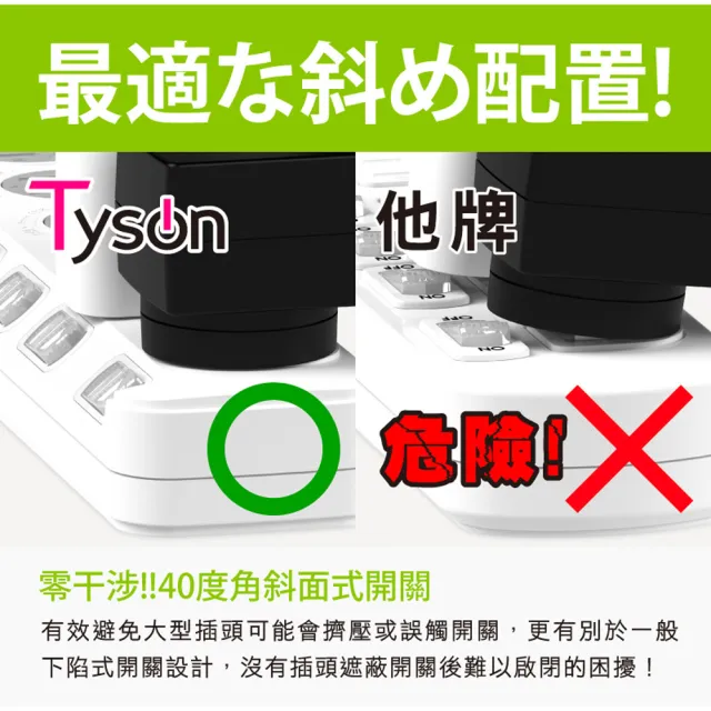【Tyson 太順電業】376KS 3孔7切6座防塵蓋延長線-1.8M(斜面開關/拉環扁插)