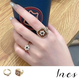 【INES】珍珠戒指 花朵戒指/韓國設計法式復古珍珠花朵滴釉開口戒2件戒指套組(2色任選)