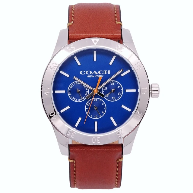 【COACH】COACH 美國頂尖精品簡約時尚三眼造型皮革腕錶-藍面+咖啡-14602441