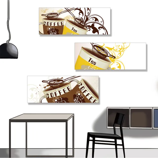 【24mama 掛畫】三聯式 油畫布 餐廳 現代 裝飾 藝術 飲料 復古 無框畫-80x30cm(咖啡和茶)