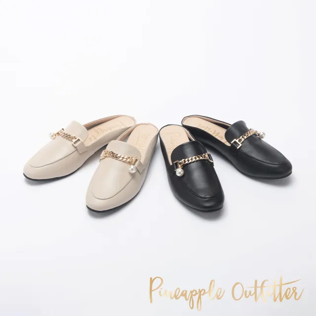 【Pineapple Outfitter】RHEA 珍珠金屬鍊真皮穆勒拖鞋(黑色)