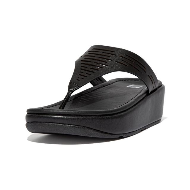 【FitFlop】LULU SLEEK LASER-CUT LEATHER TOE-POST SANDALS簍空雷射雕刻設計夾腳涼鞋-女(靚黑色)