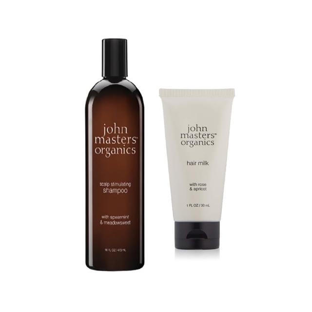 【John Masters Organics】薄荷繡線菊洗髮473ml玫瑰杏桃修護乳30ml(好萊塢明星最愛天然有機保養髮品)