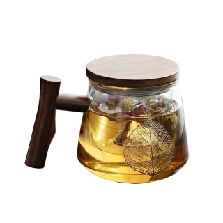【優廚寶】日系木柄耐熱玻璃泡茶杯 花茶杯 茶水分離杯(450ml 過濾內膽)