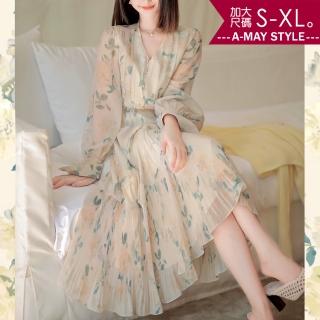 【Amay Style 艾美時尚】女裝 連身裙 法式優雅V領碎花雪紡洋裝。中大尺碼S-XL(碎花.預購)