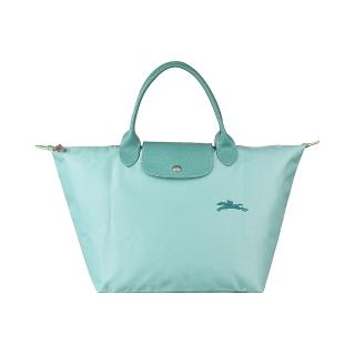 【LONGCHAMP】LONGCHAMP Le Pliage Green系列刺繡LOGO再生尼龍拉鍊手提包(潟湖藍)