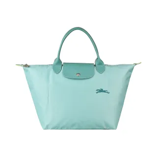 【LONGCHAMP】LONGCHAMP  Le Pliage Green系列刺繡LOGO再生尼龍拉鍊手提包(潟湖藍)