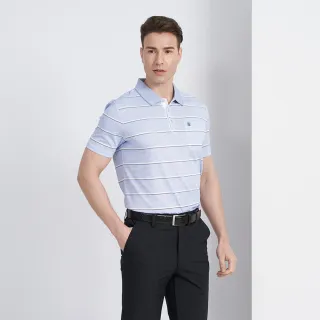 【pierre cardin 皮爾卡登】商務休閒 男款 條紋印花短袖POLO衫-淺藍色(5227253-35)