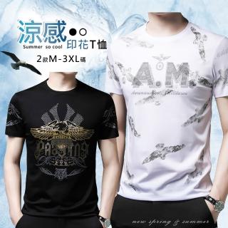 【Billgo】*現貨*涼感冰絲燙金水鑽AM老鷹短袖T 2款 2色-M-3XL碼 絲光棉男短袖上衣(休閒、潮流、百搭)