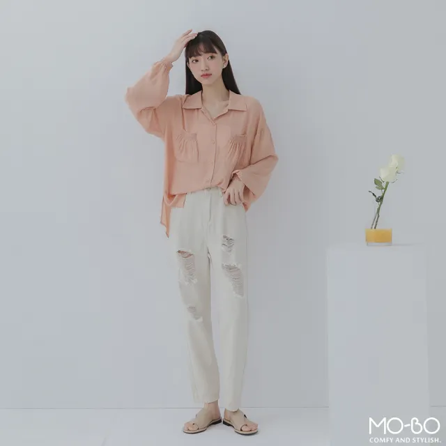 【MO-BO】仙女系雪紡口袋開襟襯衫(上衣)