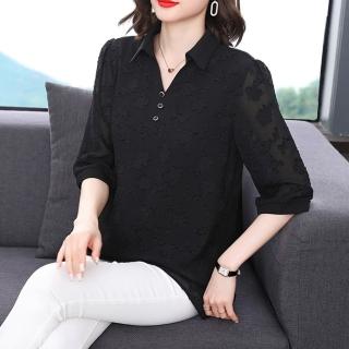 【麗質達人】5883黑色印花七分袖上衣-LY(M-4XL)