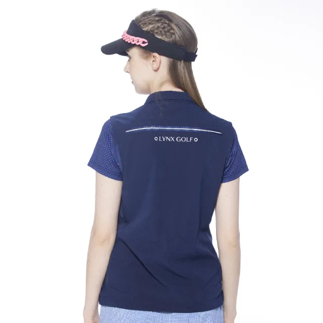 【Lynx Golf】女款吸濕快乾透氣易溶紗材質反光印花脇邊剪裁設計無袖背心(深藍色)