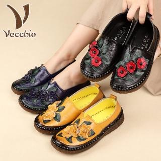 【Vecchio】頭層牛皮真皮寬楦立體花朵果凍軟底樂福鞋(藏青)