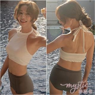 【TING BRA 婷姐內衣】女泳裝 兩件式 吊脖削肩綁繩高腰兩件式泳衣(白色 M-XL)