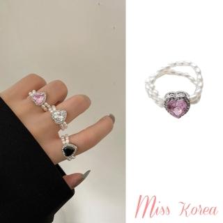 【MISS KOREA】愛心戒指 寶石戒指/韓國設計彩色愛心寶石彈力珍珠鍊造型戒指(3色任選)