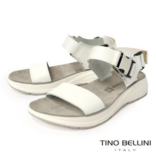 【TINO BELLINI 貝里尼】雙11希臘進口運動風牛皮拼接織帶舒適厚底涼鞋FSJO0002(白)