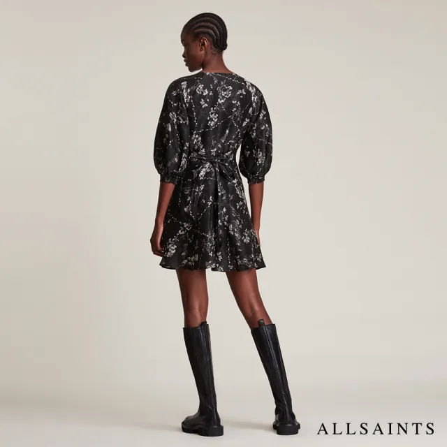 【ALLSAINTS】ILORA FREYA 細緻真絲混紡短唯美V領印花洋裝-黑 WD230V(常規版型)