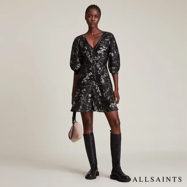 【ALLSAINTS】ILORA FREYA 細緻真絲混紡短唯美V領印花洋裝-黑 WD230V(常規版型)