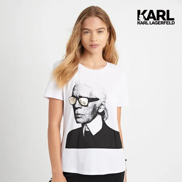 【KARL LAGERFELD 卡爾】KARL素描亮片墨鏡人像T恤-白(正面飾有老佛爺圖像/金色亮片裝飾細節/潮流百搭T)