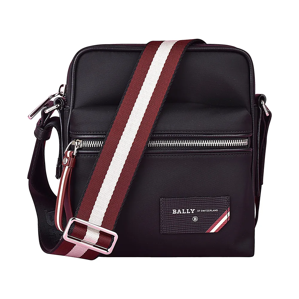 【BALLY】BALLY FAARA銀字LOGO尼龍拉鍊斜背方包(黑x紅白條紋)