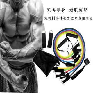 【ROYAL LIFE】11套件全方位健塑身套組(多功能 健身彈力繩 阻力帶 拉力帶 訓練帶 健身器材)