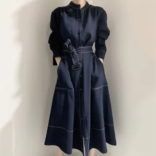 【baibeauty 白鳥麗子】韓系優雅立領單排扣收腰風衣長袖洋裝(連身裙)