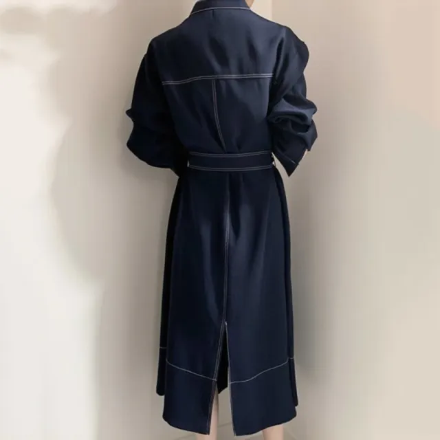 【baibeauty 白鳥麗子】韓系優雅立領單排扣收腰風衣長袖洋裝(連身裙)