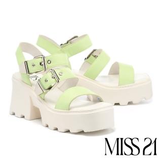 【MISS 21】個性叛逆寬繫帶牛皮大方頭厚底涼鞋(綠)