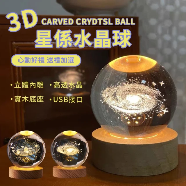 【YUNMI】3D內雕發光水晶球 氣氛燈 玻璃球燈 床頭燈 桌面擺件 8CM 交換禮物(太陽系 銀河)