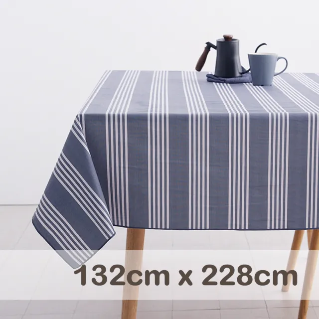 【CasaBella 美麗家居】防水桌巾 紳士灰藍條 132x228cm(防水 防油 PVC 桌巾 桌布 野餐桌巾)