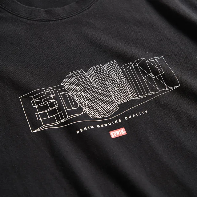 【EDWIN】男女裝 網路獨家↘3D立體毛邊線條LOGO短袖T恤(黑色)