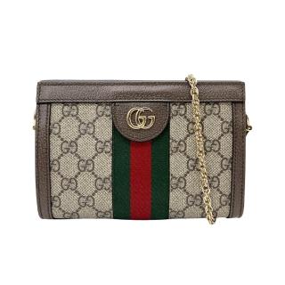 【GUCCI 古馳】Ophidia GG帆布印花皮革飾邊磁釦手拿/肩背包-mini(602676-棕)