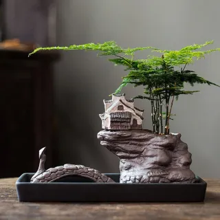 【JEN】創意微景觀陶瓷綠植花器居家裝飾桌面擺飾-不含植物(小橋流水人家)