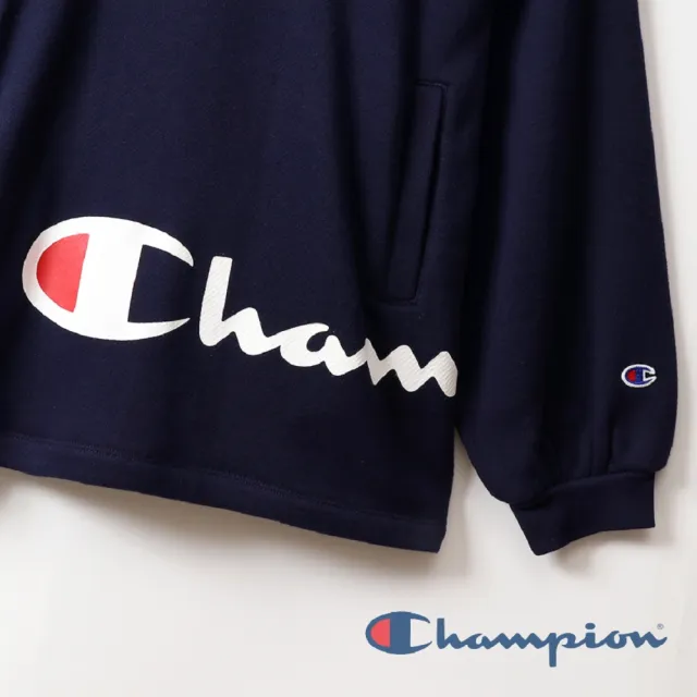 【Champion】官方直營-Womens草寫Logo連帽長袖Tee-女(深藍色)