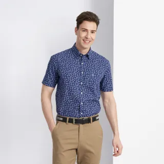 【pierre cardin 皮爾卡登】休閒服飾 男款 進口素材 純棉印花休閒短袖襯衫-深藍色(5227102-38)
