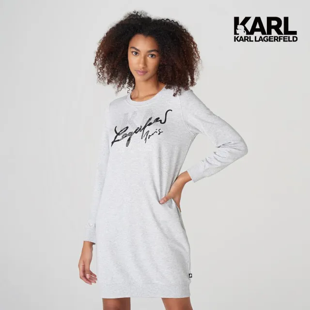 【KARL LAGERFELD 卡爾】亮鑽草寫簽名連身棉裙-灰(HEATSET 卡爾亮鑽標誌)