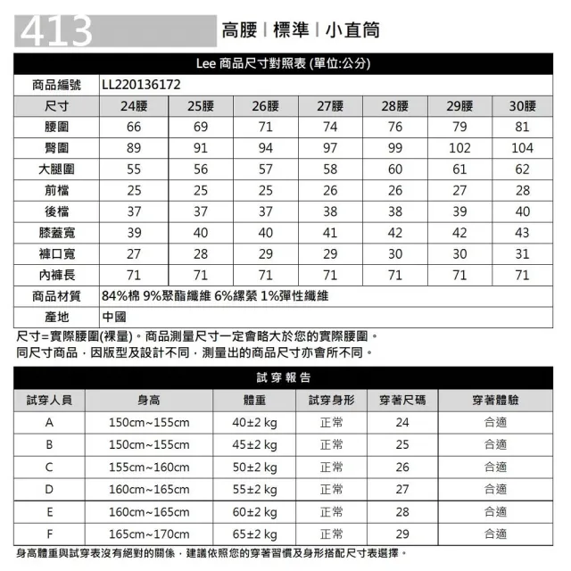 【Lee 官方旗艦】女裝 牛仔褲 / 涼感 413 高腰標準小直筒 中藍洗水 / CoolMint 系列(LL220136172)