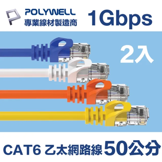 【POLYWELL】CAT6 乙太網路線 UTP 1Gbps/1000Mbps 50公分 [2入](適合ADSL/MOD/Giga網路交換器/無線路由器)