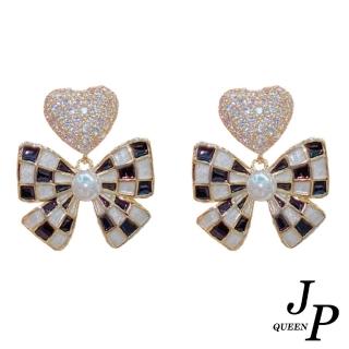 【Jpqueen】愛心蝴蝶結格子鋯石耳環(金色)