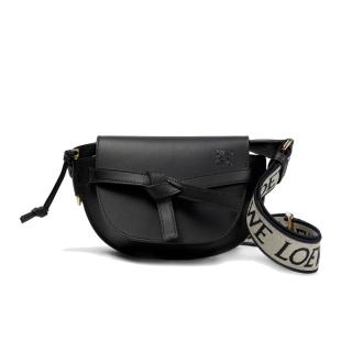 【LOEWE 羅威】Mini Gate 迷你 皮革 厚背帶 馬鞍包 肩揹包 黑色