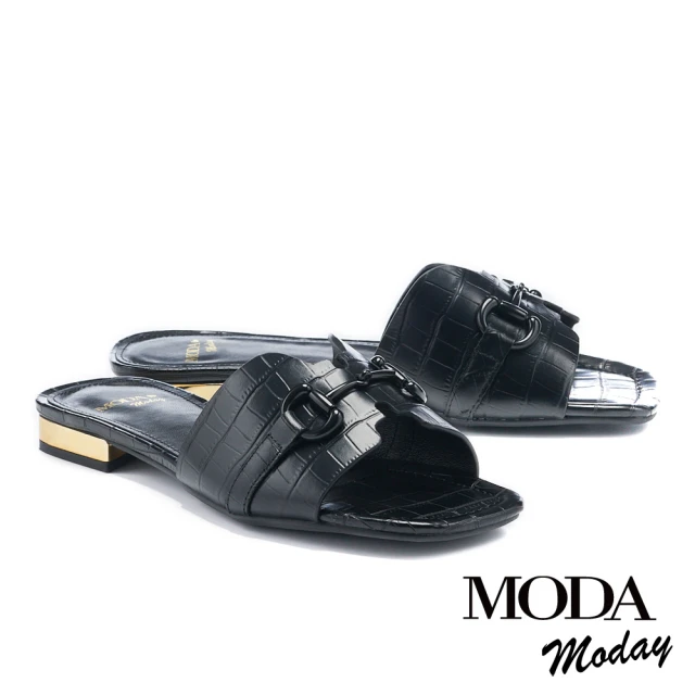 【MODA Moday】簡約質感馬銜釦壓紋方頭低跟拖鞋(黑)