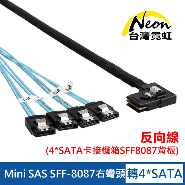 【台灣霓虹】Mini SAS SFF-8087右彎頭轉4組SATA線反向線