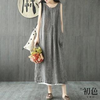 【初色】涼爽透氣文藝條紋棉麻風無袖連身裙洋裝-共2色-61551(M-2XL可選)