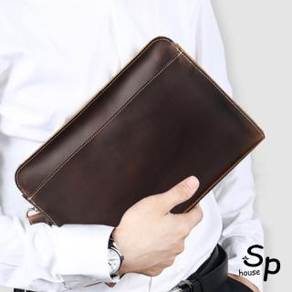 【Sp house】商務男士牛皮質感收納檔案手拿包(2色可選)