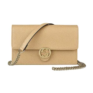 【GUCCI 古馳】GUCCI 金屬GG LOGO牛皮18卡壓釦式掀蓋鏈帶夾包(米)