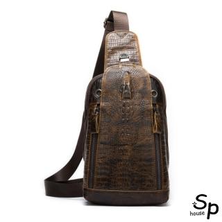 【Sp house】母親節禮物 男士牛皮鱷魚紋戶外腰包胸包斜揹包(咖啡色)