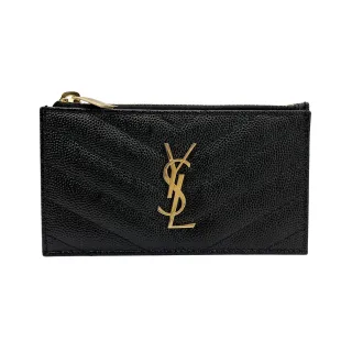 【YSL】品牌金字logo粒紋牛皮拉鍊卡片/零錢包(607915-黑)